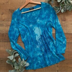 Turquoise Tie-Dye Long Sleeve Top Graphic + Crystal Embellishments